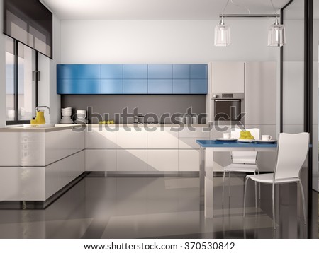 3d illustration of interior of modern kitchen in white blue gray tones