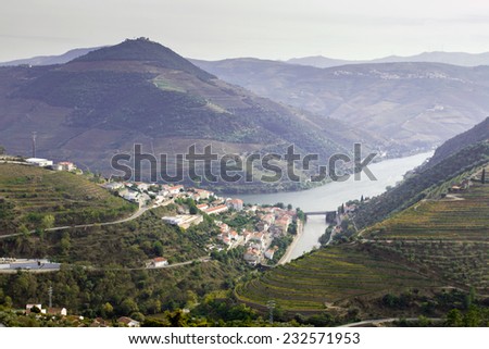 Panoramic view of Douro Valley - Portugal\'s port wine region. Point of interest in Portugal. PinhÃ£o Village