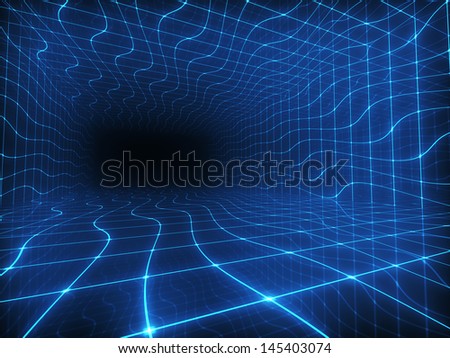 Abstract digital tunnel with blue wave grid