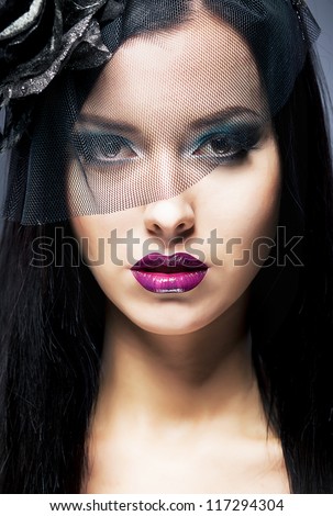 Close-up Portrait of a young Sad retro Woman with Black Mourning Veil