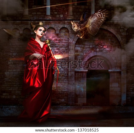 Mysticism. Witchcraft. Sorcerer In Red Mantle With Vulture - Hawk. Ancient Scary Castle