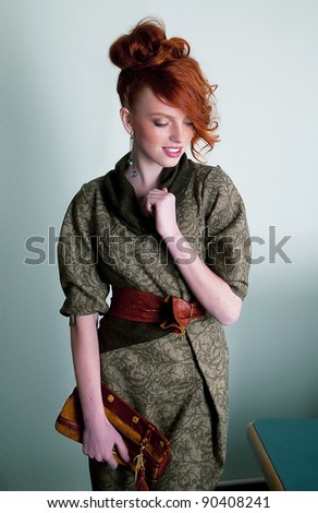 Cute female - sensual gentle redhead fashion model posing - series of photos