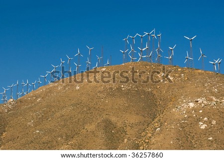 A hilltop covered with dozens of wind turbines.