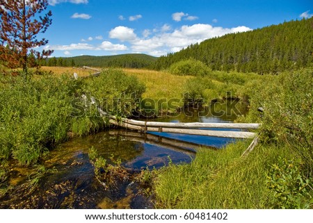 A small mountain creek with an old wooden fence crossing it.