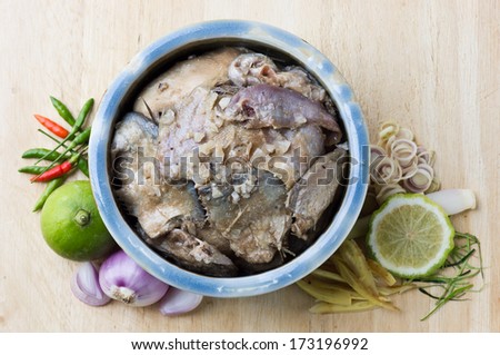 traditional Thai style raw preserved fish(thai accent is Pla-ra) with prepare herb and spice ingredient