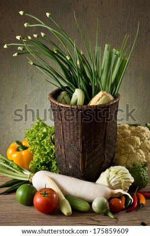 Still life photography, many vegetable  with basket