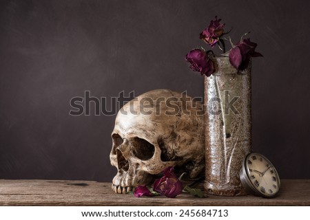 still life photography : skull with dry rose in ceramic vase and clock in waiting love concept