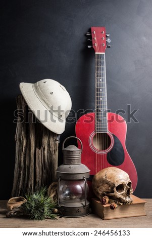 still life photography : hunter hat on tree stump, guitar, lantern, skull, old book, dry rose and tillandsia in country life concept