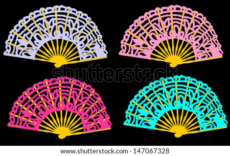 set of folding colorful spanish fans isolated on black background