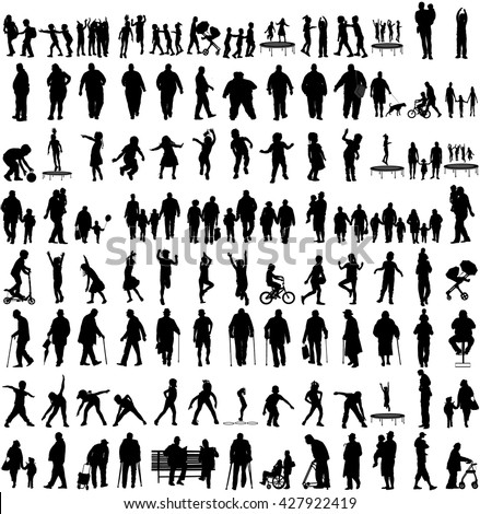 Big set of people silhouettes, children,parents,seniors, .Family groups, couples vector silhouette illustration isolated on white background. Fathers day. Fat persons. Older people, health care group.