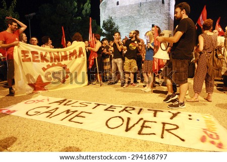 GREECE, Thessaloniki JULY 5, 2015: Supporters of the NO vote celebrate for the final NO result in the crucial greek referendum around the White Tower in Thessaloniki