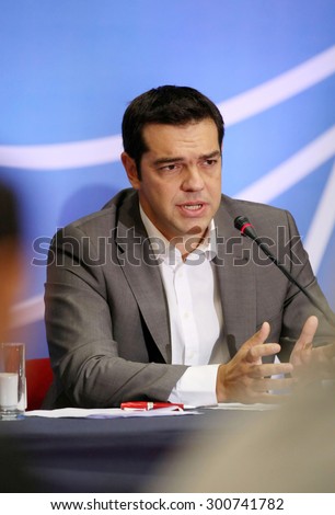GREECE, Thessaloniki SEPTEMBER 18, 2012: - Alexis Tsipras (leader of SYRIZA political party and now Prime Minister of Greece) during a press conference at the 77th Thessaloniki International Fair