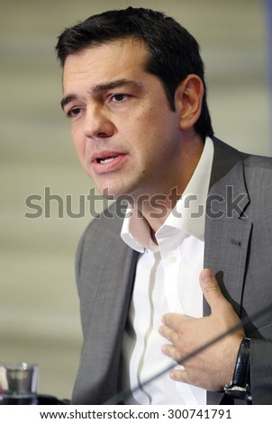GREECE, Thessaloniki SEPTEMBER 18, 2012: - Alexis Tsipras (leader of SYRIZA political party and now Prime Minister of Greece) during a press conference at the 77th Thessaloniki International Fair