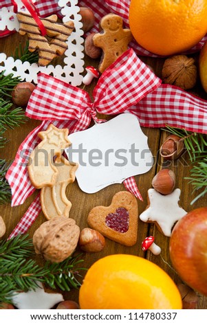 Text-free tin plate with christmas cookies and fruit