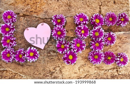 Purple flowers spelling love on wooden background made from bark