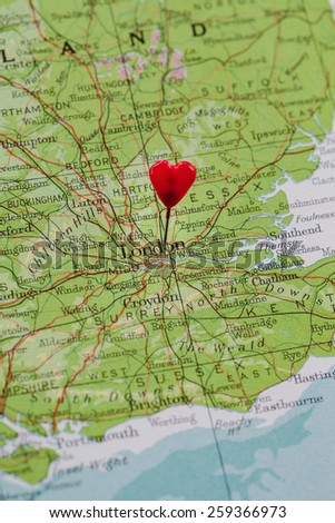 London on a map pinned with a heart