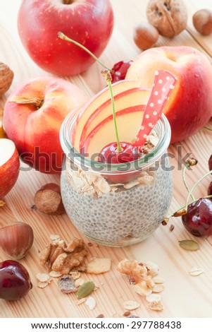 Chia Pudding with fresh fruits in vintage jars