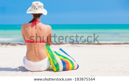 Woman in bikini and straw hat with beach bag sitting on beach. back view