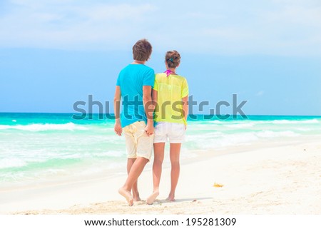back view of young couple walking at beach