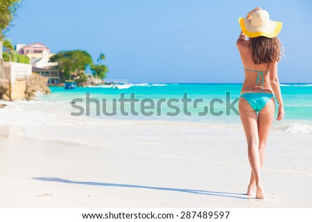 back view of long haired woman in bikini and a hat on tropical beach