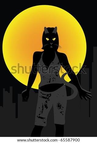 woman with cat eyes front of moon illustration
