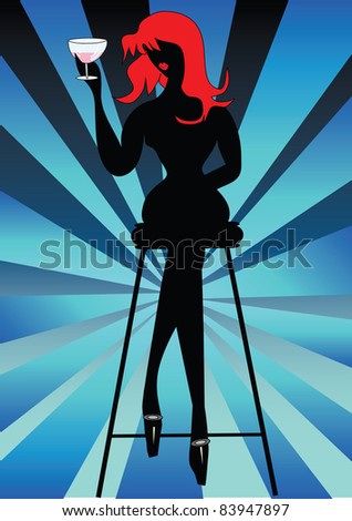 sexy woman sits on high bar chair and drinks wine from wine glass  illustration