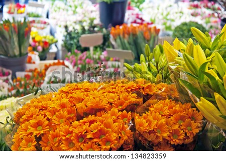 Bunches of flowers in the Flower market in Amsterdam, Holland