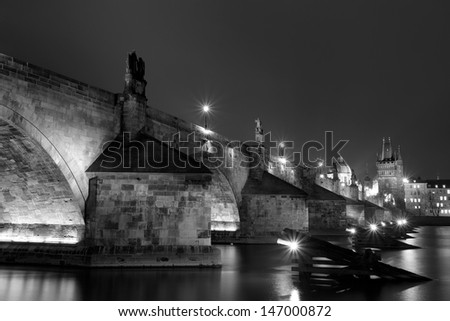 Charles bridge and spires of the old town in night, Prague, Czech Republic