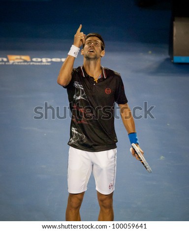 MELBOURNE - JANUARY 29: Novak Djokovic of Serbia in his championship win over Rafael Nadal of Spain at the 2012 Australian Open on January 29, 2012 in Melbourne, Australia.