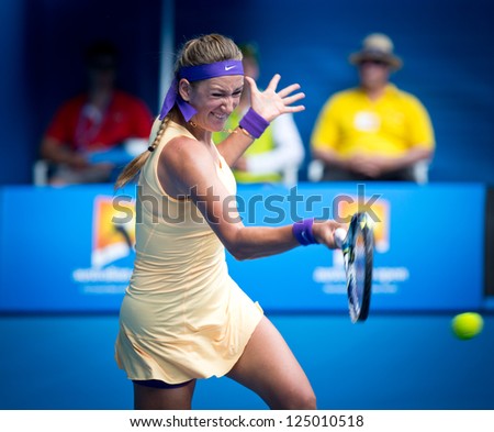 MELBOURNE - JANUARY 17: Victoria Azarenka of Belarus in her second round win over Eleni Daniilidou of Greece at the 2013 Australian Open on January 17, 2013 in Melbourne, Australia.