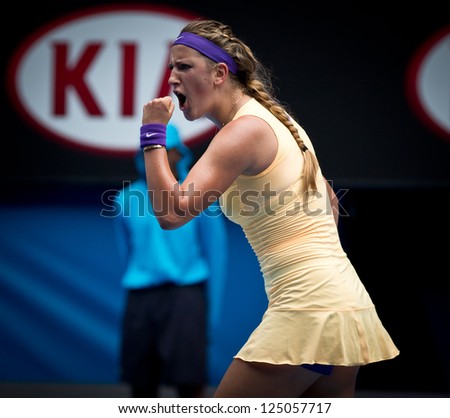 MELBOURNE JANUARY 17 Victoria Azarenka of Belarus in her second round win over Eleni Daniilidou of Greece at the 2013 Australian Open on January 17 2013 in Melbourne Australia MELBOURNE JANUARY 17 Victoria Azarenka of Belarus in her second round win over Eleni Daniilidou of Greece at the 2013 Australian Open on January 17 2013 in Melbourne Australia