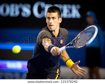 MELBOURNE JANUARY 20 Novak Djokovic of Serbia in his marathon fourth round win over Stanislas Wawrinka at the 2013 Australian Open on January 20 2013 in Melbourne Australia MELBOURNE JANUARY 20 Novak Djokovic of Serbia in his marathon fourth round win over Stanislas Wawrinka at the 2013 Australian Open on January 20 2013 in Melbourne Australia
