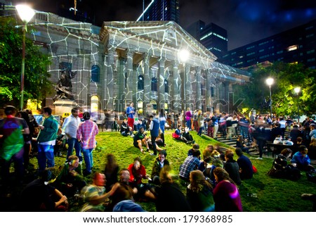 MELBOURNE, AUSTRALIA - FEBRUARY 22,2014: State Library during Melbourne\'s White Night which attracted more than 500,000 visitors to the city centre