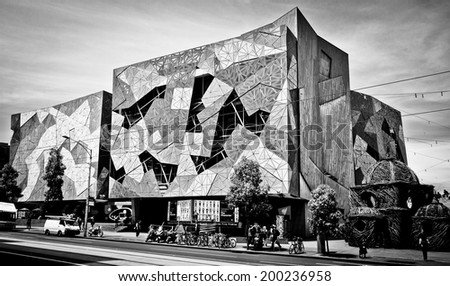 MELBOURNE, AUSTRALIA - OCTOBER 29 2912: Iconic Federation Square celebrated 10 Years.  Since opening on 26 October 2002 it has become one of the most visited attractions in Melbourne
