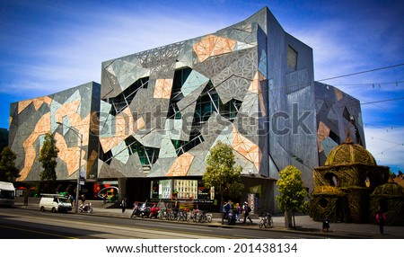 MELBOURNE, AUSTRALIA - OCTOBER 29 2012: Iconic Federation Square celebrated 10 Years.  Since opening on 26 October 2002 it has become one of the most visited attractions in Melbourne.