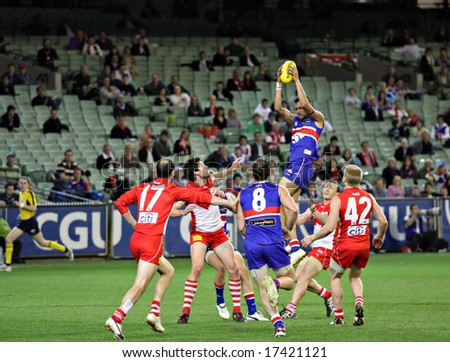 MELBOURNE - SEPTEMBER 12: Josh Hill soars over a pack to mark and goal in the AFL second semi final - Western Bulldogs vs Sydney Swans, September 2008