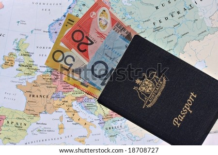 Australian passport and banknotes with Map background