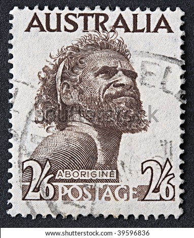 AUSTRALIA - 1952: An Australian postage stamp with an image of an Aborigine, circa 1952