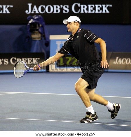 MELBOURNE, AUSTRALIA - JANUARY 17: US tennis player Andy Roddick during a charity tennis exhibition for the victims of the Haiti earthquake, in Melbourne Australia on January 17, 2010.