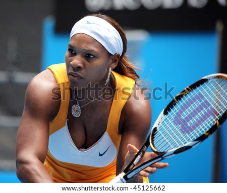 MELBOURNE, AUSTRALIA - JANUARY 23: Serena Williams during her third round match against Carla Suarez Navarroof Spain during the 2010 Australian Open on January 23, 2010 in Melbourne, Australia