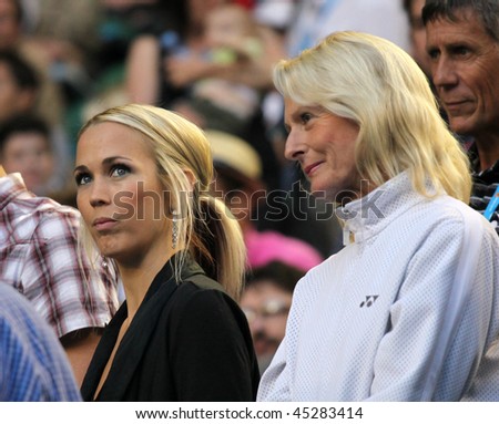 MELBOURNE, AUSTRALIA - JANUARY 23: TV personality Bec Hewitt (L) watches husband Lleyton, with mother in-law Cherilyn Hewitt at the 2010 Australian Open on January 23, 2010 in Melbourne, Australia