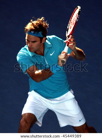 MELBOURNE AUSTRALIA JANUARY 27 Roger Federer in action at his win over Nikolay Davydenko during a quarter final match in the 2010 Australian Open on January 27 2010 in Melbourne Australia MELBOURNE AUSTRALIA JANUARY 27 Roger Federer in action at his win over Nikolay Davydenko during a quarter final match in the 2010 Australian Open on January 27 2010 in Melbourne Australia