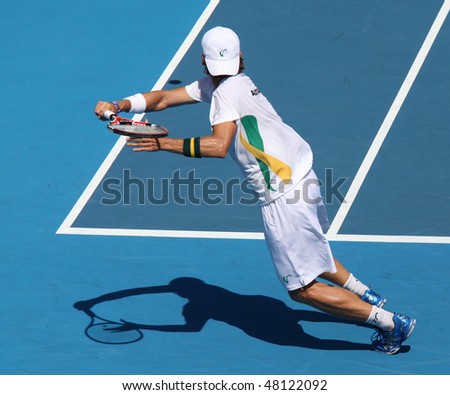 MELBOURNE, AUSTRALIA - MARCH 7: Peter Luczak of Australia in his win over Tsung-Hua Yang of Chinese Taipei  in their Davis Cup tie on March 6, 2010 in Melbourne, Australia