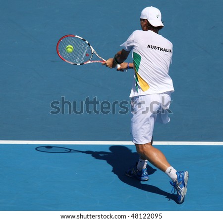 MELBOURNE, AUSTRALIA - MARCH 7: Peter Luczak of Australia in his win over Tsung-Hua Yang of Chinese Taipei  in their Davis Cup tie on March 7, 2010 in Melbourne, Australia