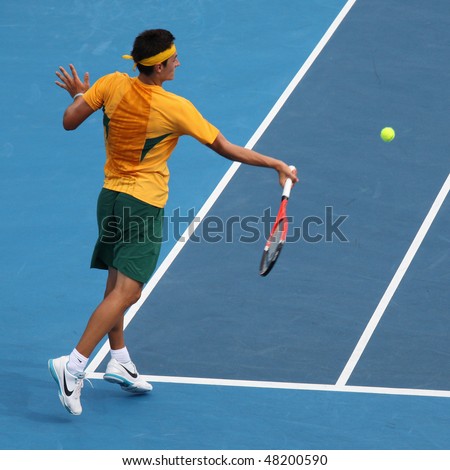 MELBOURNE, AUSTRALIA - MARCH 7: Bernard Tomic of Australia in his win over Hsin-Han Lee of Chinese Taipei  in their Davis Cup tie on March 7, 2010 in Melbourne, Australia