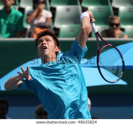 MELBOURNE, AUSTRALIA - MARCH 6: Chu-Huan Yi hits a volley in the doubles rubber of the Davis Cup tie against Chinese Taipei on March 6, 2010 in Melbourne, Australia