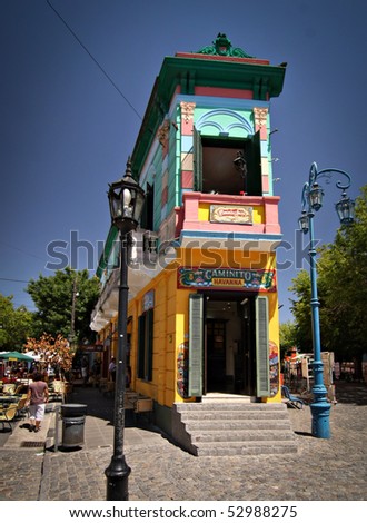 BUENOS AIRES - FEB 14:Landmark corner of Caminito Street in La Boca. The street is a major tourist attraction & the area is filled with colorfully painted buildings - February14, 2009 in Buenos Aires.