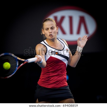 MELBOURNE - JANUARY 19: Jelena Dokic of Australia in her second round loss to Barbora Zahlavova Strycovaof the Czech Republic in the 2011 Australian Open on January 19, 2011 in Melbourne, Australia