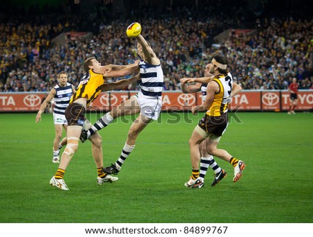 MELBOURNE - SEPTEMBER 9 : Brad Ottens (C) wins a ruck contest during Geelong\'s win over Hawthorn - September 9, 2011 in Melbourne, Australia.