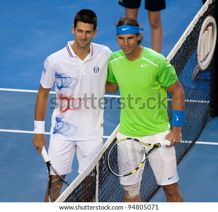 MELBOURNE - JANUARY 29: Novak Djokovic of Serbia (L) and Rafael Nadal (R) before the epic final of the 2012 Australian Open on January 29, 2012 in Melbourne, Australia.